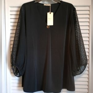 🖤NWT Bebonnie Elegant Black Blouse with Sheer Swiss Dot Sleeves (2X)🖤